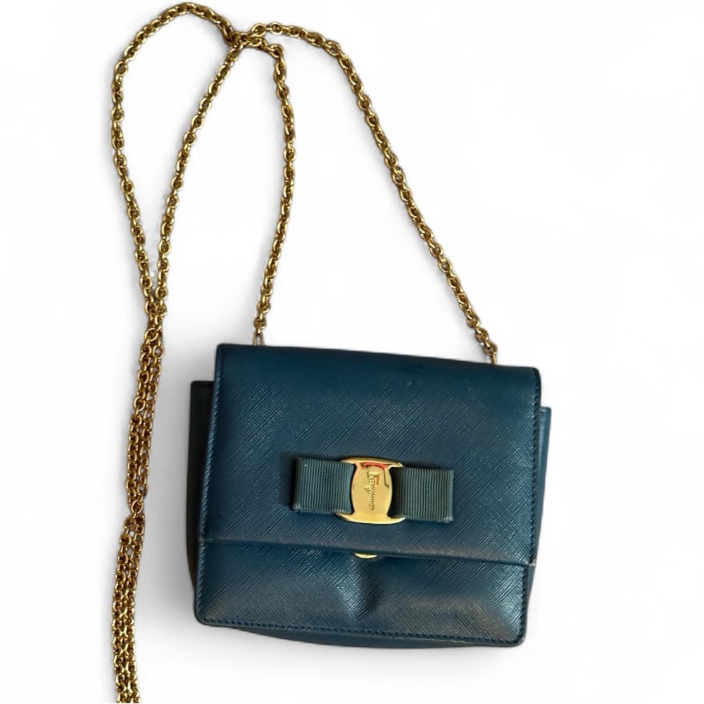 Salvatore Ferragamo Vara Bow Leather
Crossbody Bag Teal Blue with Gold Chain